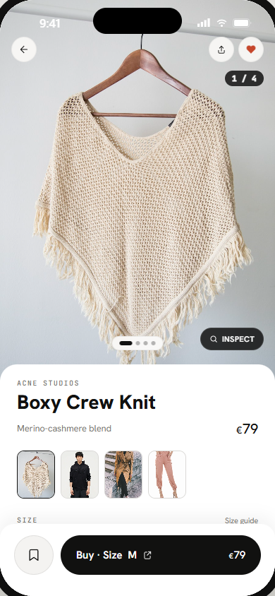 Item screen with a Pro size recommendation and buy button