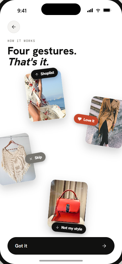 In-app gesture guide: up — shoplist, right — love it, left — skip, down — not my style