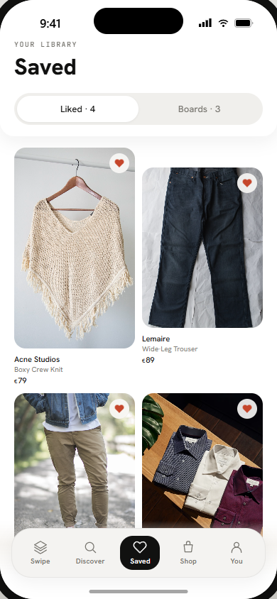 Saved items screen with liked clothes