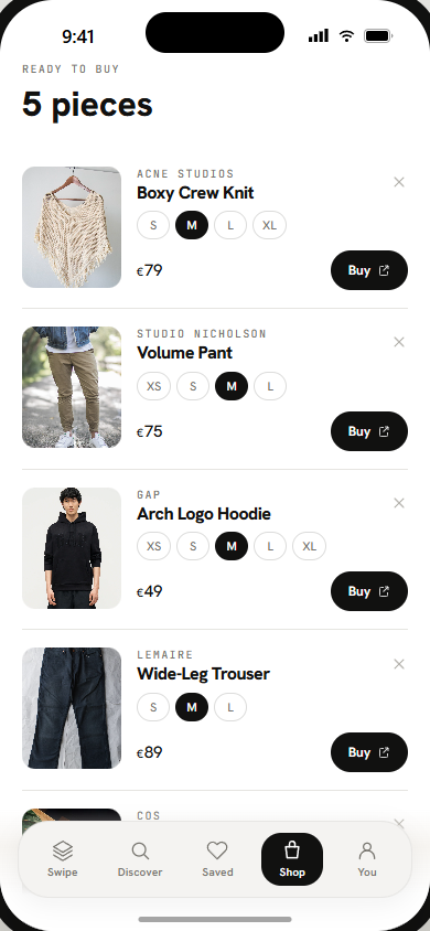 Shoplist screen with “Buy” buttons linking to stores