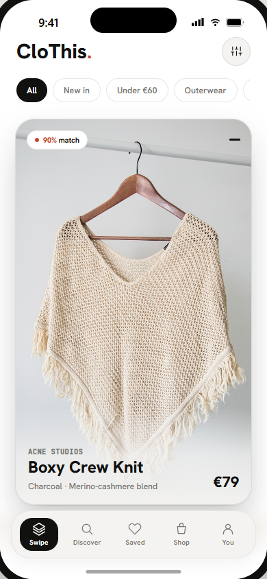 CloThis app swipe screen: a knit sweater with a 90% match badge and price