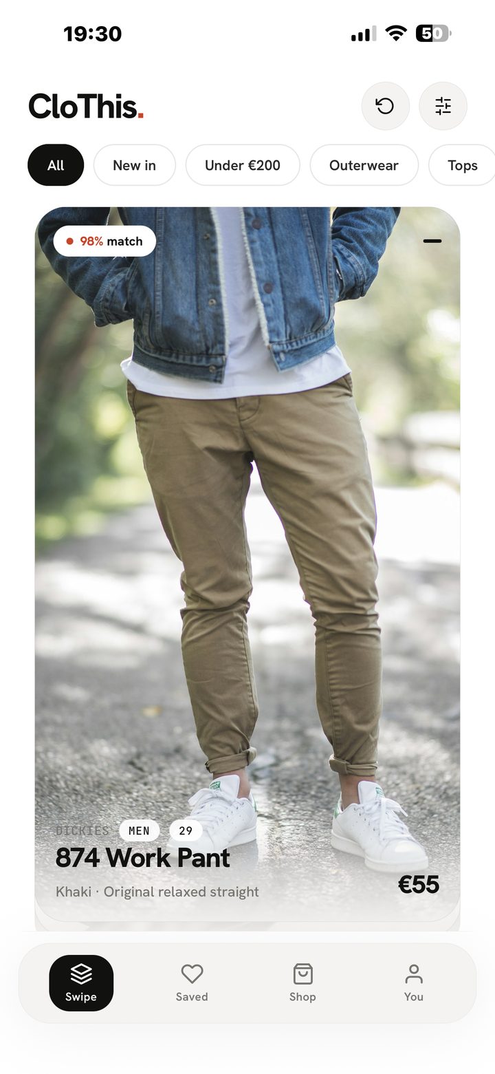 CloThis swipe feed: an outfit card with khaki work pants, a 98% match badge and the price