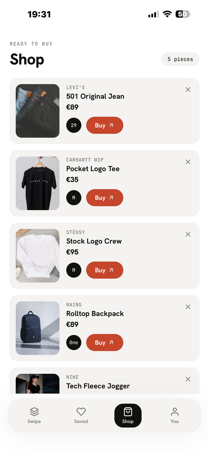 Shoplist screen: saved items with sizes and Buy buttons that link out to each store